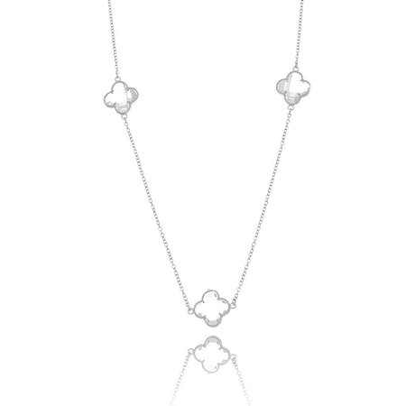 Colar Longo Trevo Pedra Cristal Ródio Branco