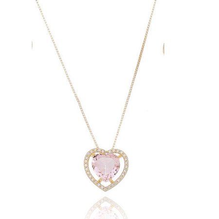 Colar Coração Pedra Rosa Banhado a Ouro 18k