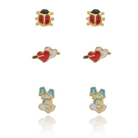 Brinco Trio Infantil Joaninha Coração Coelho Banhado a Ouro 18k