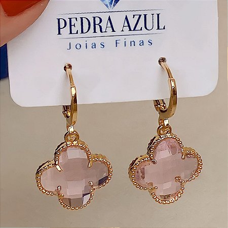 Brinco Argolinha Trevo Cristal Rosa Folheado a Ouro