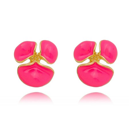 Brinco Flor Rosa Três Pétalas Esmaltado Banhado a Ouro 18k
