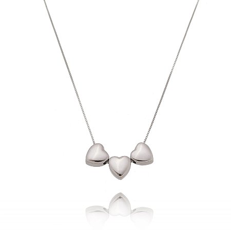Colar Feminino Liso 3 Corações Ródio Branco