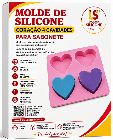MOLDE DE SILICONE PARA SABONETE CORAÇÃO 4 CAVIDADES