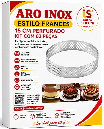 ARO INOX PERFURADO ESTILO FRANCÊS 15cm KIT COM 3 PEÇAS