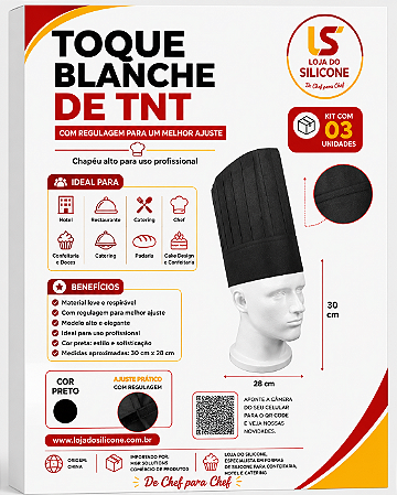 TOQUE BLANCHE TNT COM REGULAGEM COR PRETO KIT 03 PEÇAS
