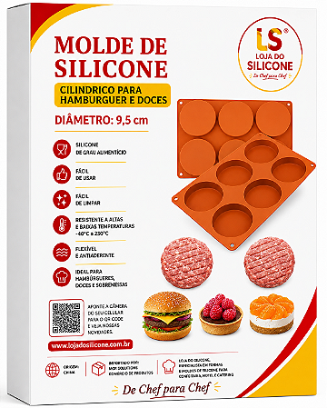 MOLDE DE SILICONE CILINDRICO PARA HAMBURGUER E DOCES