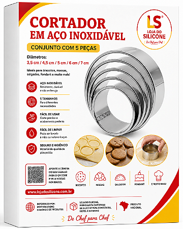 CORTADOR INOX PARA SABLE E BISCOITOS KIT 5 PEÇAS