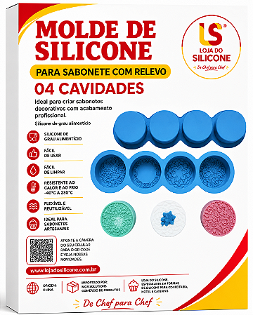 MOLDE DE SILICONE PARA SABONETE REDONDO 04 CAVIDADES RELEVO