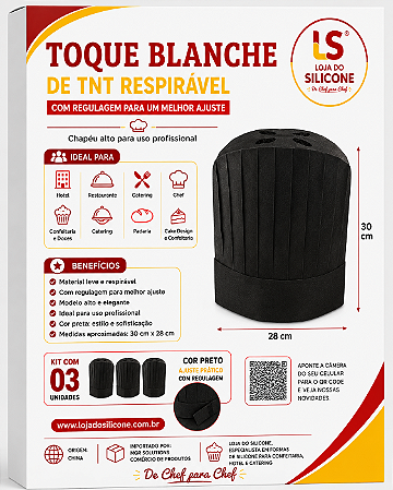 TOQUE BLANCHE TNT COM REGULAGEM COR PRETO KIT COM 03 PEÇAS