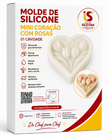 MOLDE DE SILICONE CORAÇÃO COM 4 ROSAS PARA VELAS E SABONETES