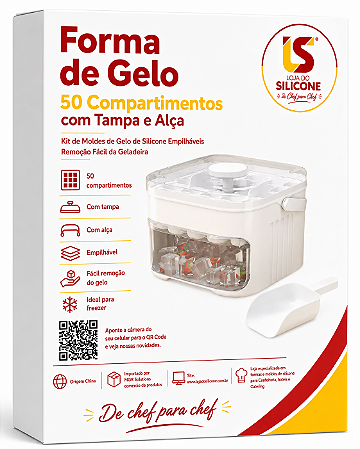 DISPENSER E FORMA DE GELO COM 50 CAVIDADES TAMPA E PÁ BRANCO