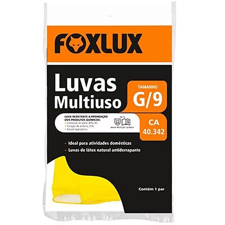 Luva de Látex Foxlux Multiuso Grande Nº9 Antiderrapante Amarela