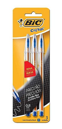 Caneta Bic Cristal Precisão Fina 0.8 mm Azul Cartela com 03 Unidades