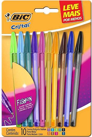 Caneta Bic Cristal Fashion 1.2mm Com 10 Cores Sortidas