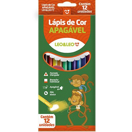 Lápis de Cor Apagável Leo&Leo Triangular 12 Cores Caixa com 06 Pacotes