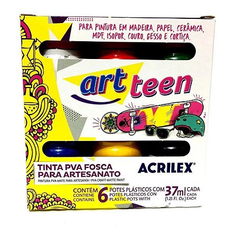 Tinta PVA Acrilex Art Teen 37ml Fosca com 6 Cores