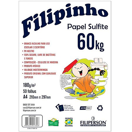 Papel Sulfite Filipinho Criativo A4 Branco 60kg 180g 50 Folhas