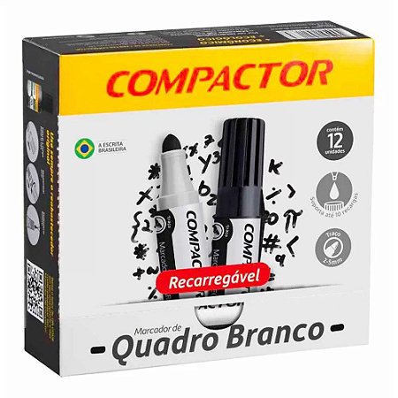 Marcador para Quadro Branco Compactor Preto Recarregável com 12 Unidades