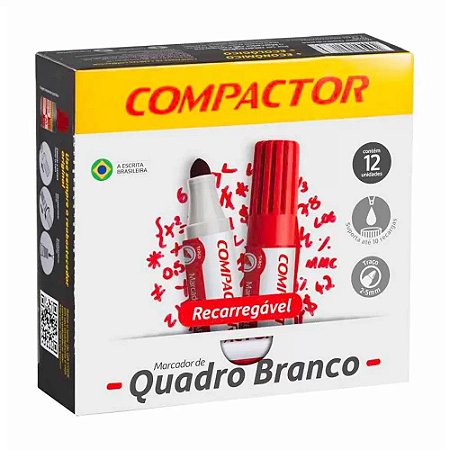 Marcador para Quadro Branco Compactor Vermelho Recarregável com 12 Unidades