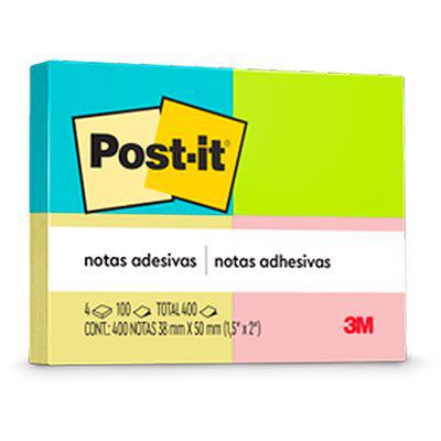 Bloco de Notas Adesivas Post-It Neon 4 Blocos 100 Folhas 38x50mm