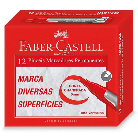 Marcador Permanente Faber Castell Vermelho Ponta Chanfrada com 12 Unidades