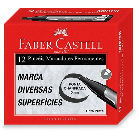 Marcador Permanente Faber Castell Preto Ponta Chanfrada com 12 Unidades
