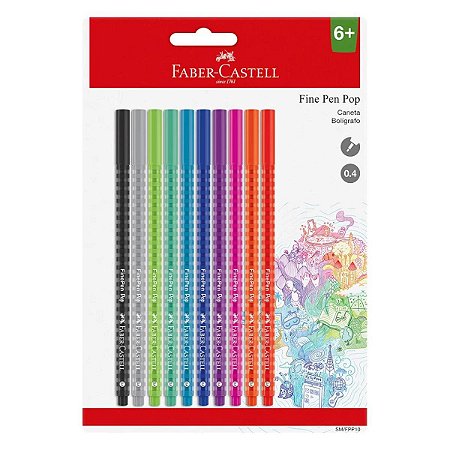 Caneta Hidrográfica Faber Castell Fine Pen Pop 0.4mm Ultra Fina com 10 Cores