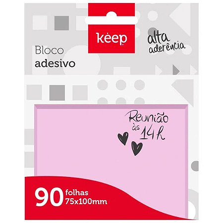 Bloco Adesivo Keep Rosa 75 x 100 mm com 90 Folhas