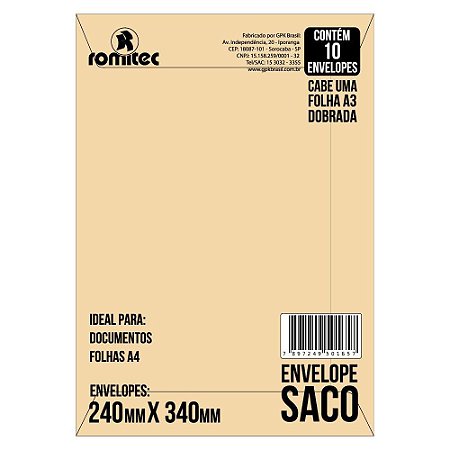 Envelope Saco Romitec Kraft Natural KN34 240 x 340 mm com 10 Unidades