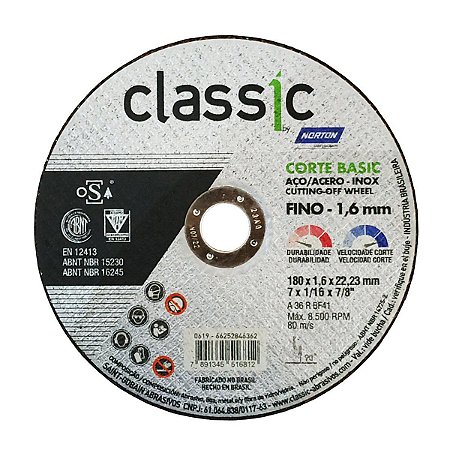 Disco de Corte Norton Classic Basic 180x1,6x22,2mm Inox