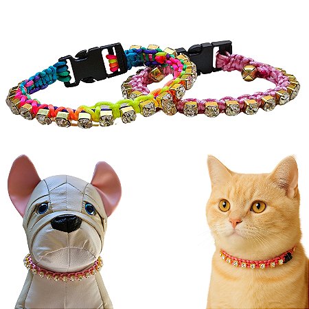 Coleira Luxo Strass Macramê Para Cachorro ou Gato