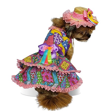 Conjunto Pet Vestido e Chapéu de Palha Festa Junina