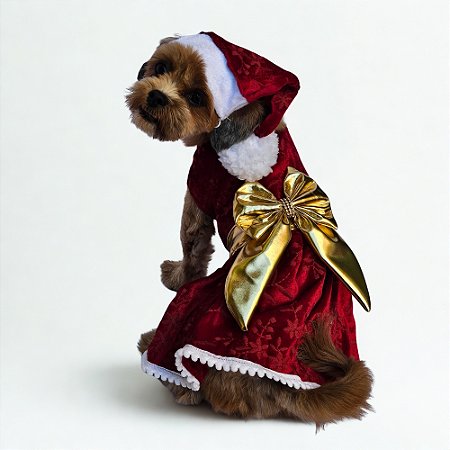 Conjunto Vestido e Gorro Mamãe Noel Pet Luxo Natal
