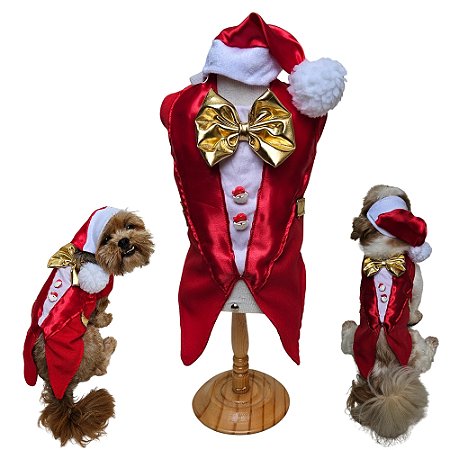 Conjunto Pet com Paletó e Gorro Papai Noel Regulável Natal