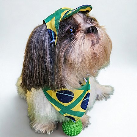 Conjunto Pet Bandana e Boné Regulável Brasil Copa do Mundo