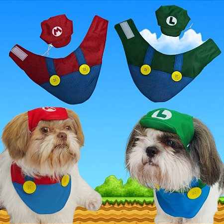 Conjunto Pet Bandana e Boné Regulável Mário e Luigi