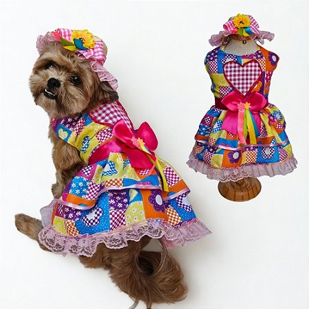 Conjunto Pet Vestido e Chapéu de Palha Festa Junina