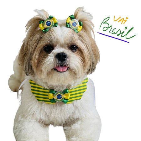Conjunto Pet Gargantilha EVA e Par de Laços Brasil Copa do mundo