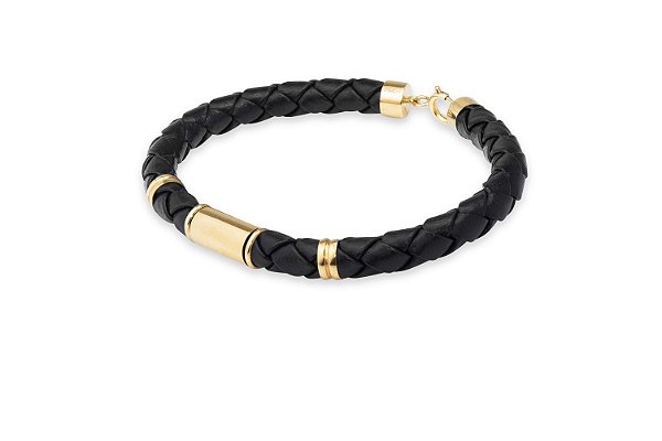 PULSEIRA COURO PRETO E OURO AMARELO