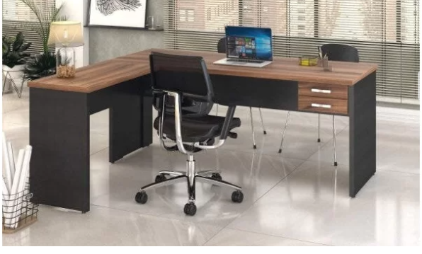 MESA EM L 1500x1500 COM 02 GAVETAS IZZI NOGAL/PRETO