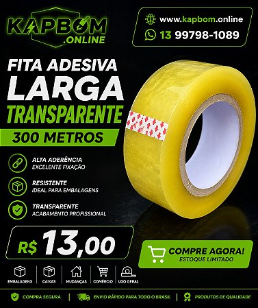 Fita Adesiva Transparente Larga 300m – Alta Resistência para Embalagens