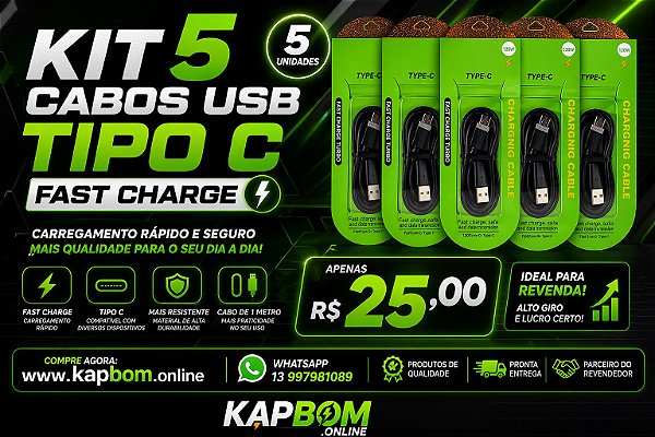 Kit 5 Cabos USB Tipo C 25W Turbo Fast Charge 1 Metro Atacado