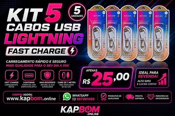 Kit 5 Cabos USB lightning 25W Turbo Fast Charge 1 Metro Atacado