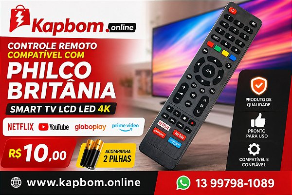 Controle Remoto Compatível Philco Britânia Smart TV LCD LED 4K Netflix YouTube Com Pilhas