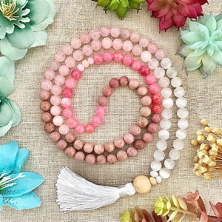 Japamala 108 contas de Quartzo Rosa, Rodocrosita, Jade e Selenita - Amor, Harmonia e Proteção Espiritual - EDIÇÃO EXCLUSIVA