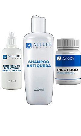 Kit Cuidado Capilar: Minoxidil 5%, D-Pantenol e Bioex® 60ml + 1 Pill Food - 30 cápsulas + 1 Shampoo Antiqueda - 120ml