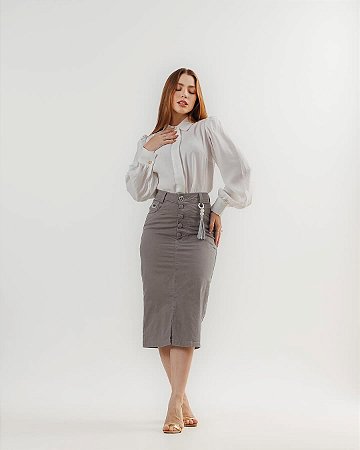 Saia Midi Jeans Cinza com Botões Frontais