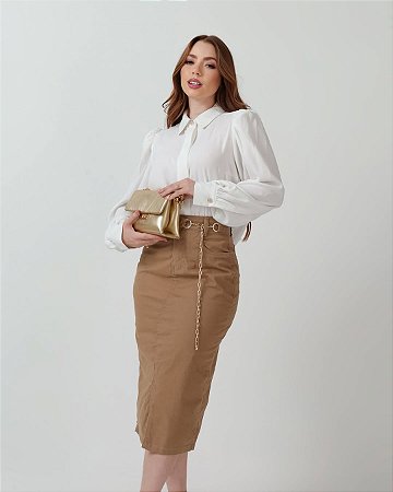 Saia Midi Caramelo com Corrente Dourada