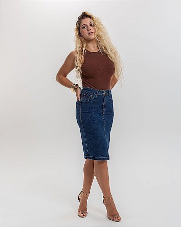 Saia Jeans Secretária Premium Black Jeans Cintura Alta