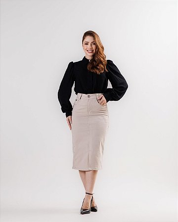 Saia Midi Sarja Bege com Aplicações Brilho e Fenda Frontal
